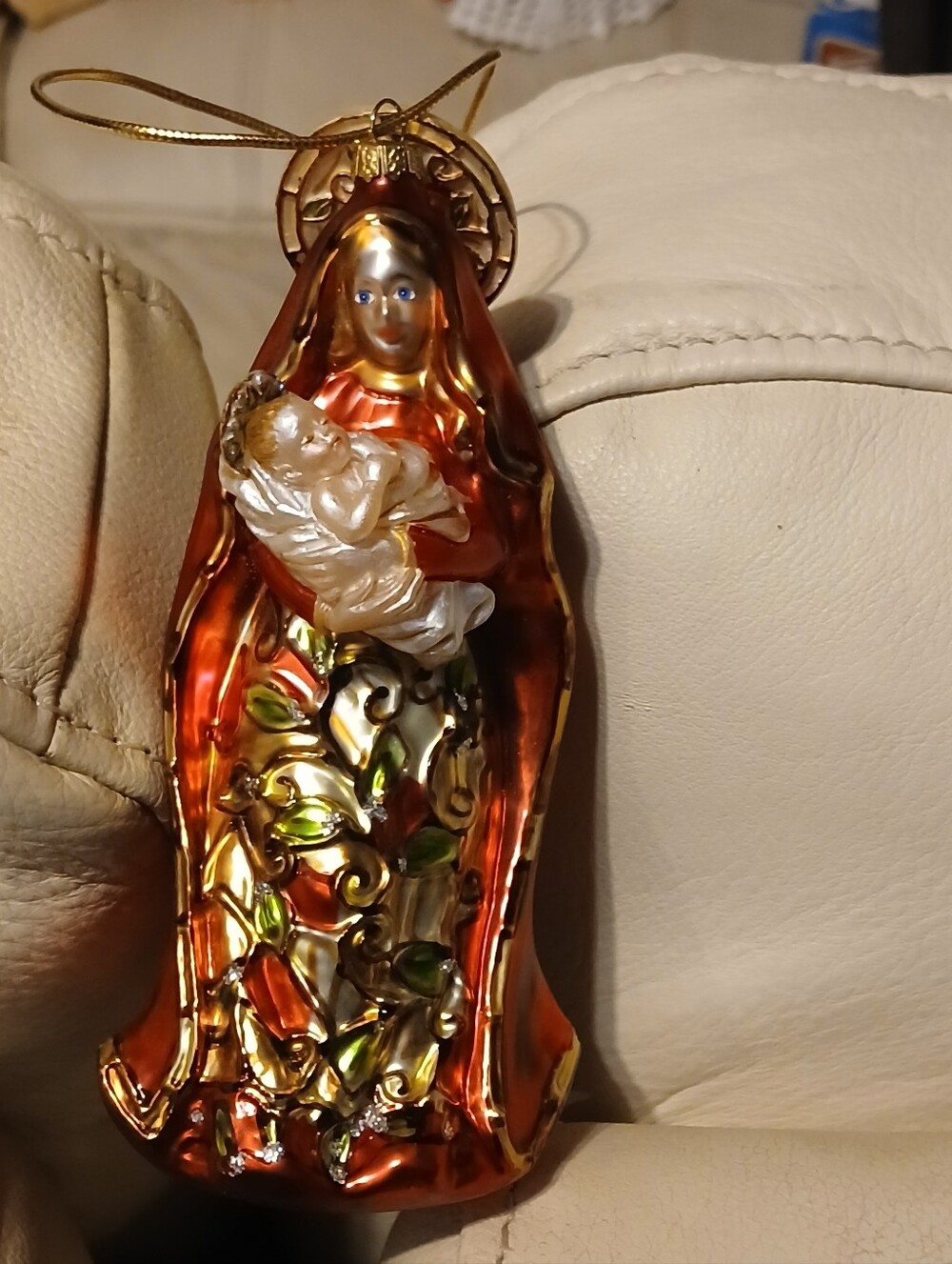 Jim Marvins Glass Madonna and Child Ornament in Metallic Copper and Gold